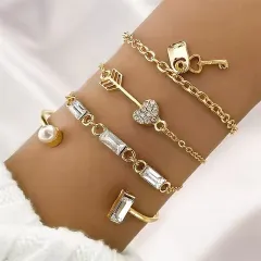 Key Pearl Arrow Heart Charm Cuff Bangle Bracelet Set (4 pcs)